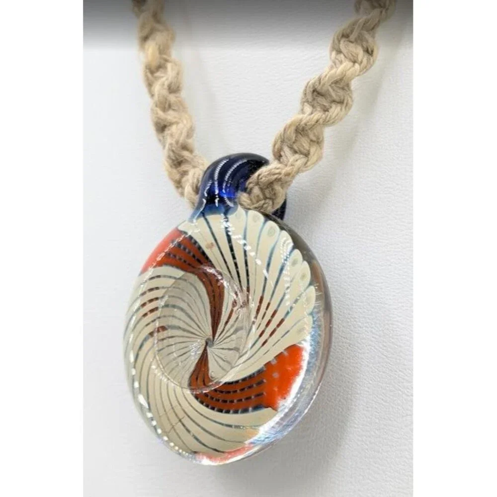 Art Glass Vortex Implosion Pendant Necklace Orange Blue Hemp Cord 21 Inch 34mm - Picture 10 of 12